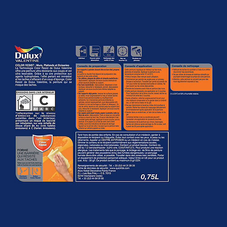 Peinture murs et boiseries Color Resist Dulux Valentine satin blanc pur 0,75L