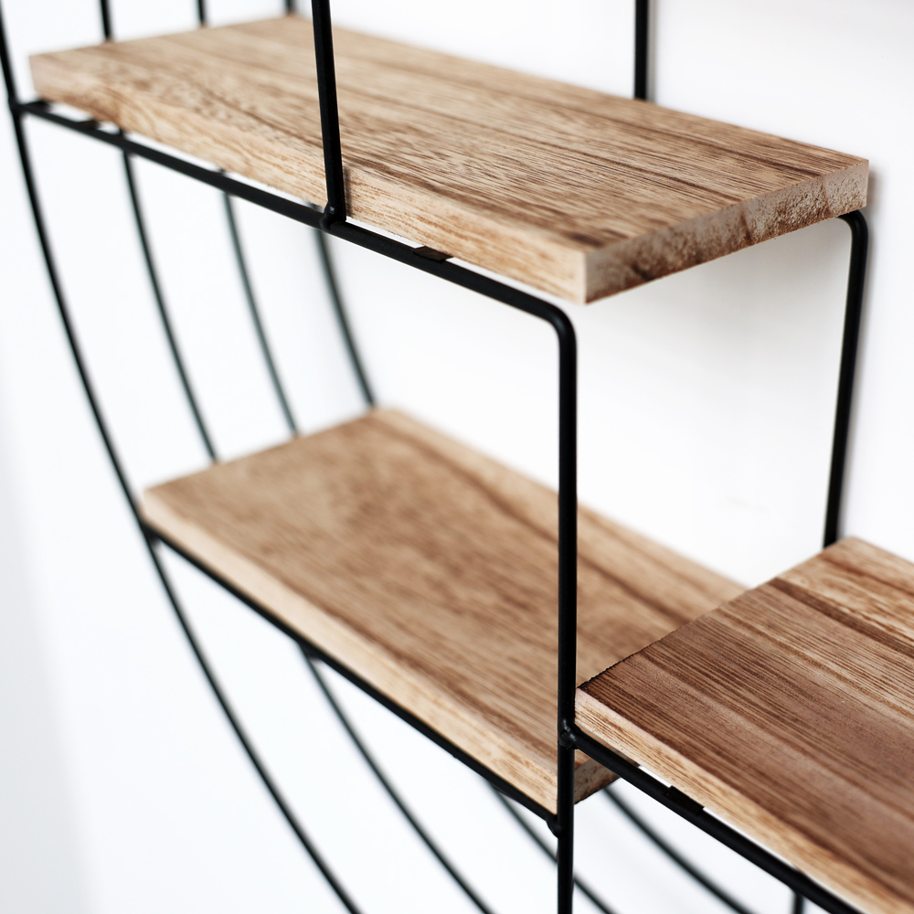 Etagère murale en métal noir - 3 planches en bois - ronde - 50x11 cm