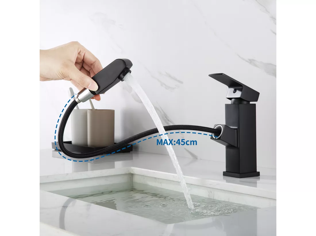 2pcs Mitigeur Lavabo avec Douchette Extractible Robinet Salle De Bain avec 2 Fonctions Robinetterie Mitigeur Eau Chaude Froide pour WC, Noir