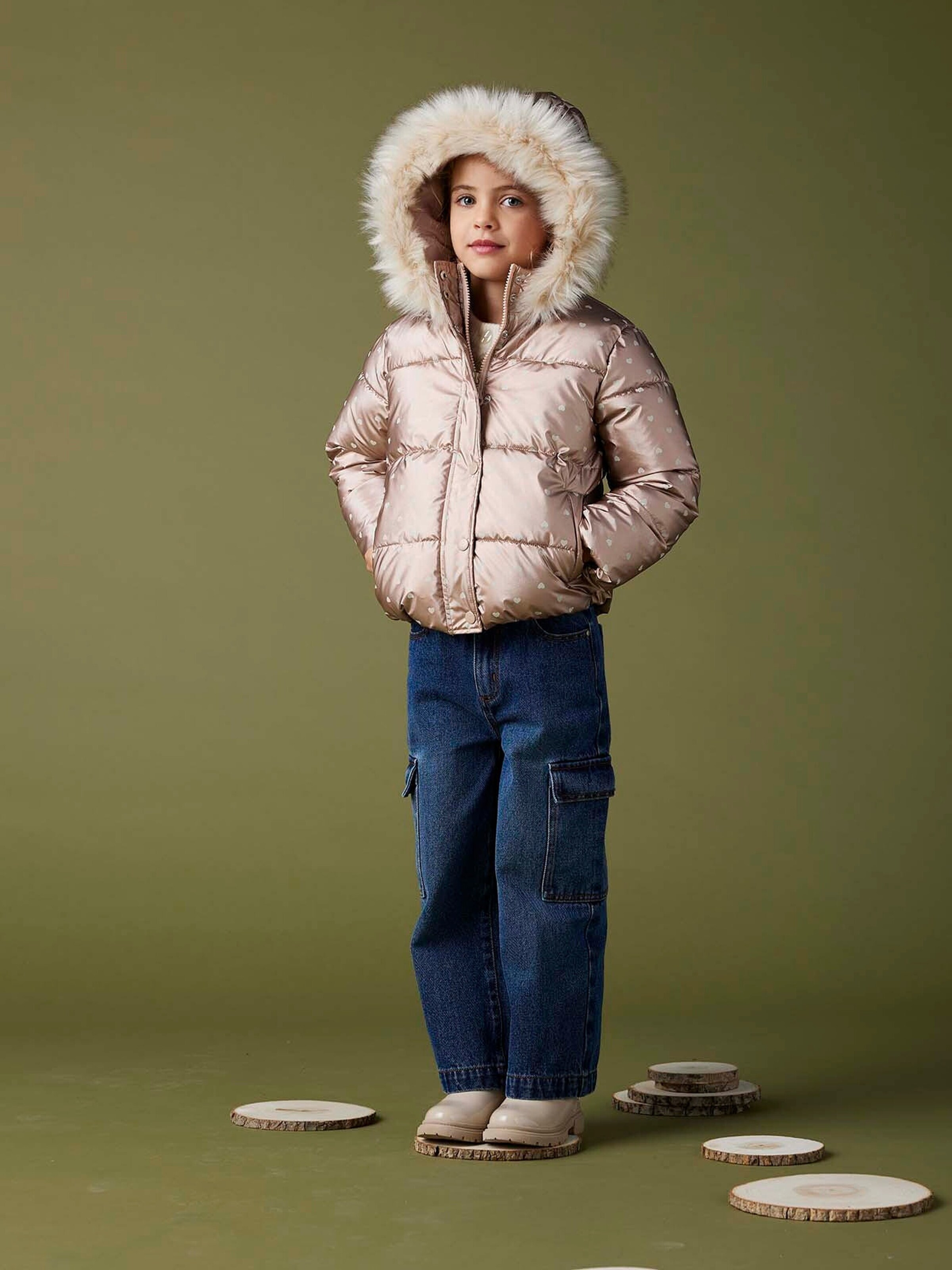 Vertbaudet Mädchen Steppjacke mit Kapuze und Fleecefutter, Wattierung Recycling-Polyester rosa bedruckt