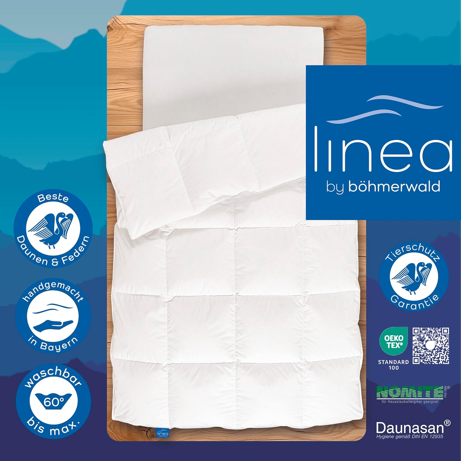 LINEA by böhmerwald - comfort - kuschlige Daunendecke warm, 135x200, 90% Daunen / 10% Federn Klasse 1, Allergiker geeignet, waschbar bis 60 °C, in Deutschland produziert, Weiß