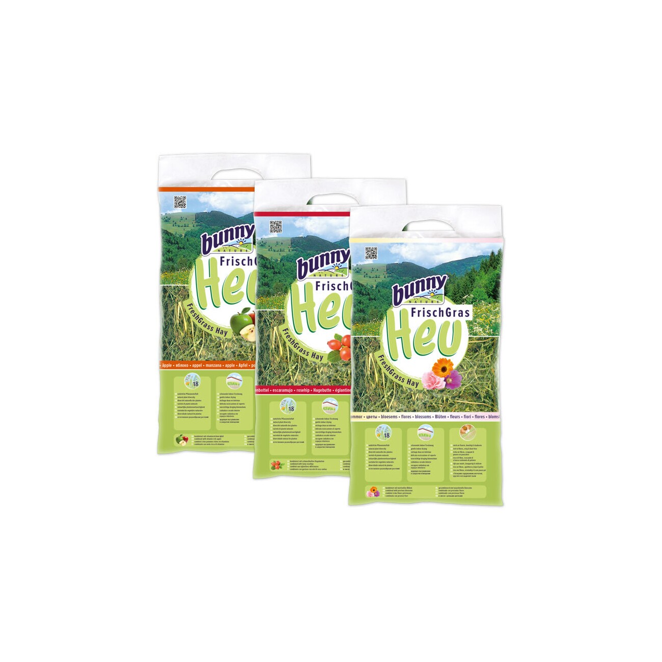 Bunny Frischgras-Heu Set 3x500g Apfel, Hagebutte und Blüten
