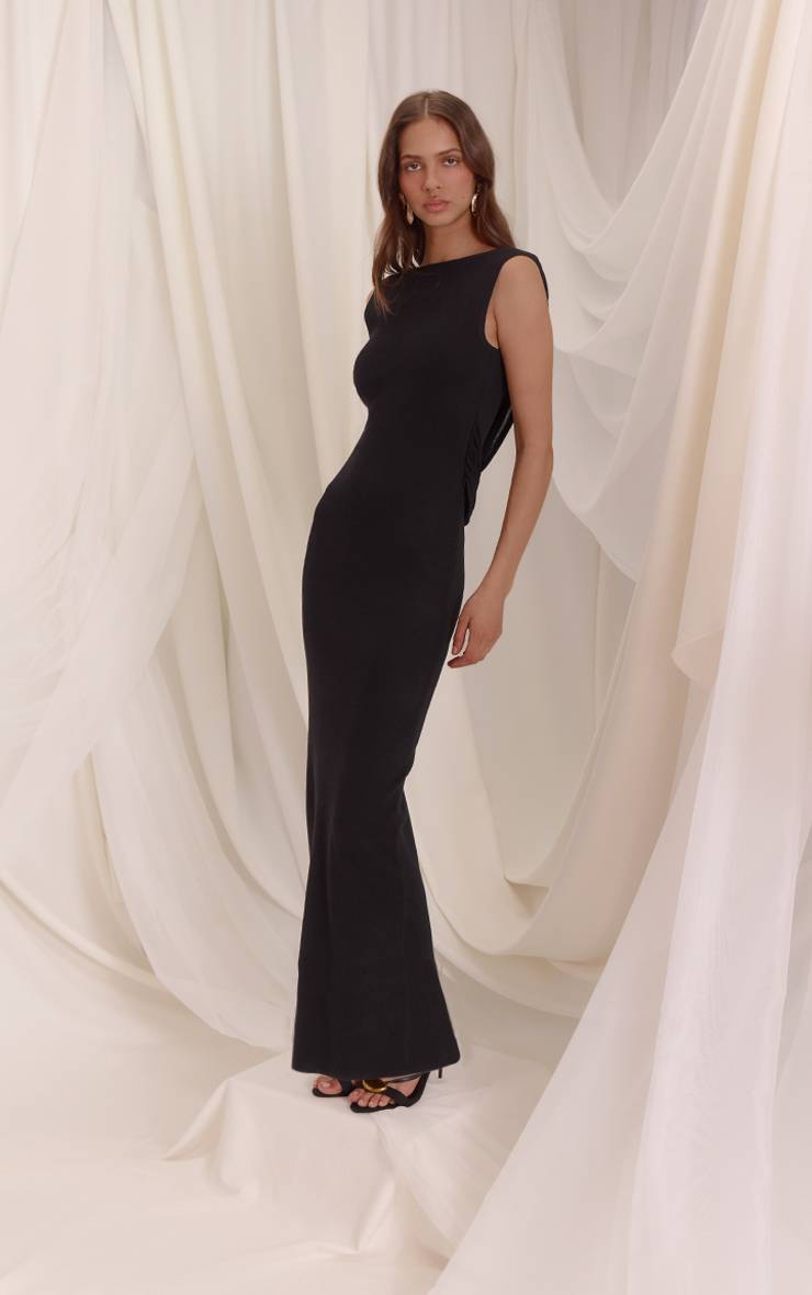 Noir Robe Longue En Maille Transparente À Dos Nu Et Encolure Bateau