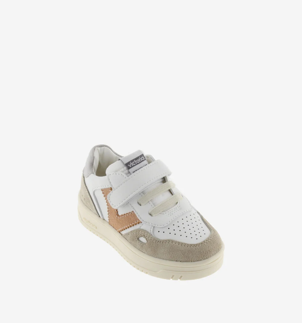 SEUL BRIDE EFFET CUIR & CUIR FENDU Baskets à semelles beiges pour enfant GRIS