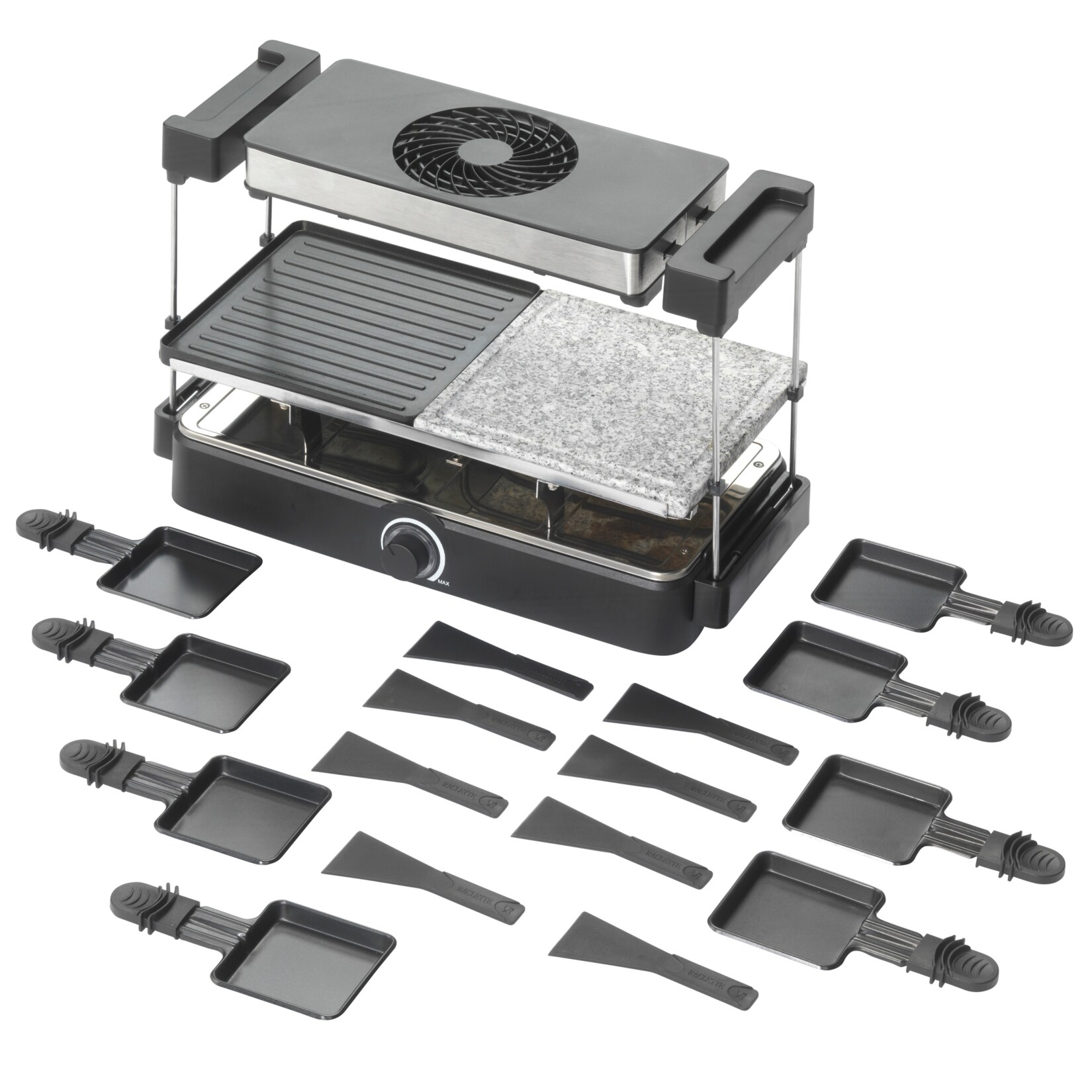 Trebs 15100 - Raclette für 8 Personen mit integriertem Dunstabzug - Steinplatte + Grillplatte