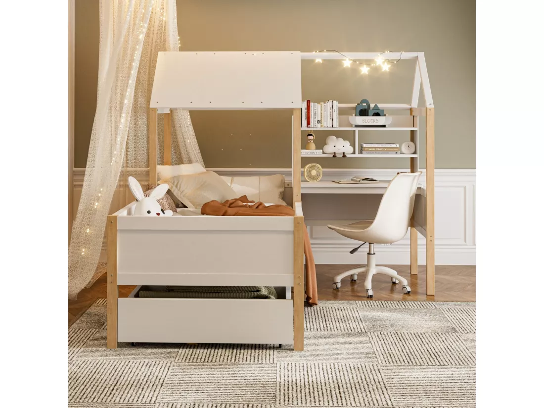 Lit cabane 90 x 200 cm avec bureau en forme de L et étagère - tiroir avec roulettes - Bois massif et MDF - Blanc