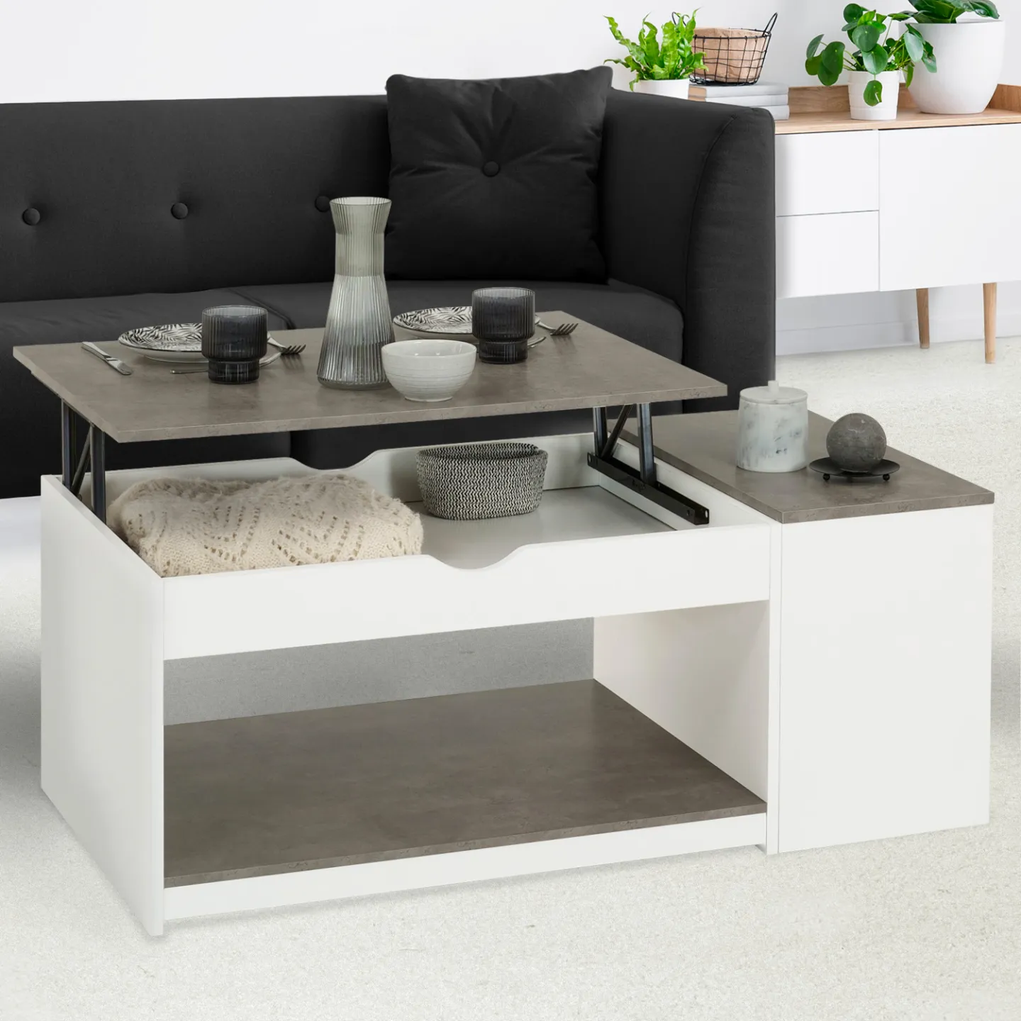 Table basse plateau relevable rectangulaire ELEA avec coffre bois blanc et effet béton