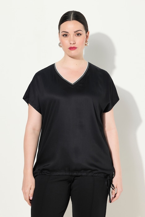 Blusenshirt, Satinfront, V-Ausschnitt, Saumband, Halbarm