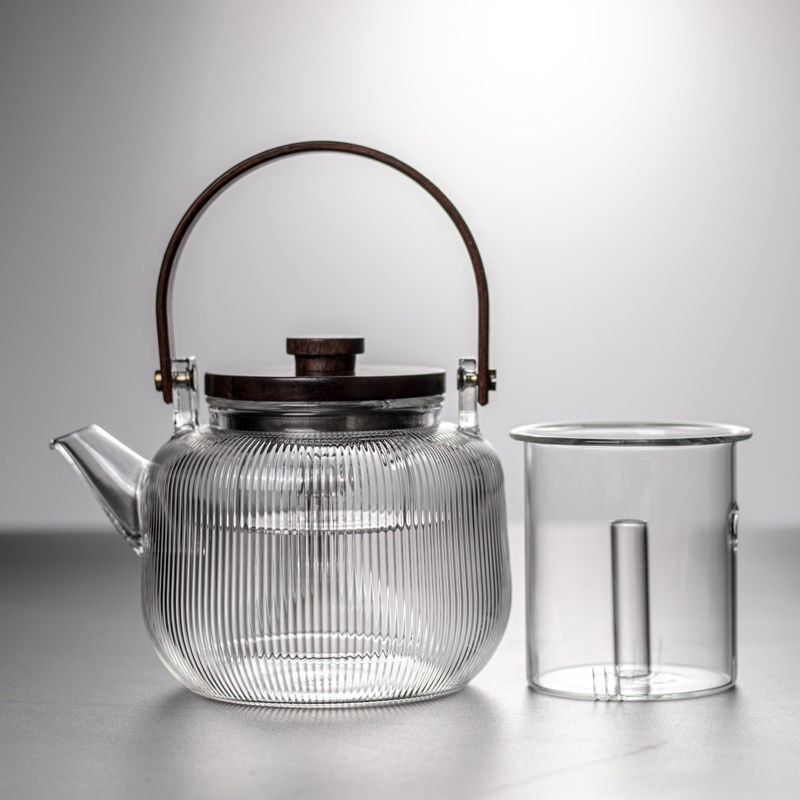 (900ml) Glas Tee Kanne mit Filter Sieb Teebereiter Karaffe mit Holz Deckel Getränke Krug für Losen Tee - Transparent / Braun