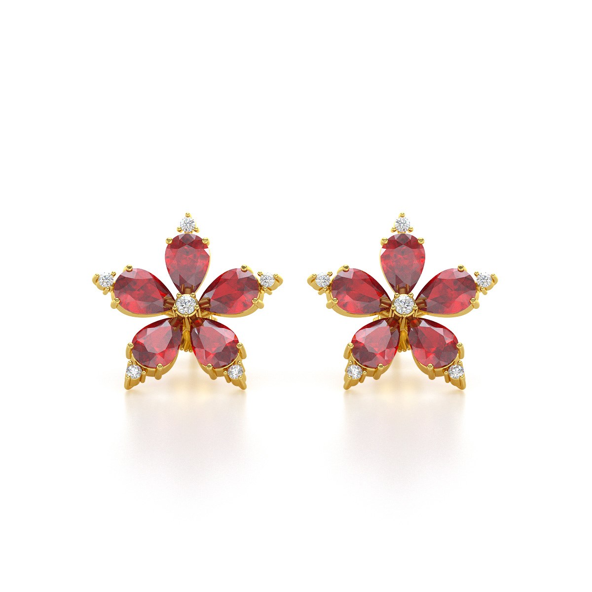 Boucles d'oreilles ADEN Or 585 Jaune Fleur Rubis et Diamants 4.52grs