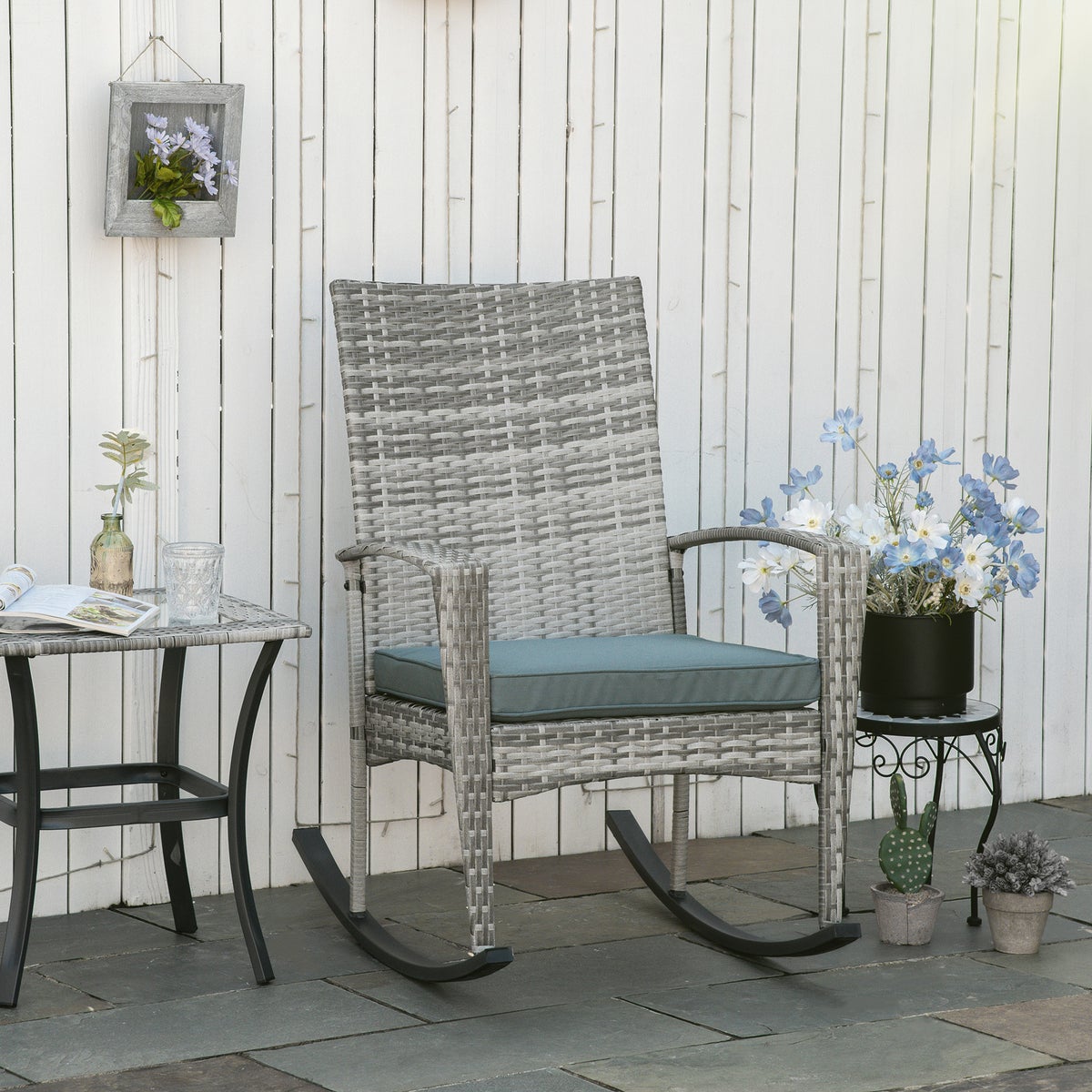 Outsunny schommelstoel, tuinstoel met kussen, 66 x 88 x 98 cm, polyrotan + metaal, grijs