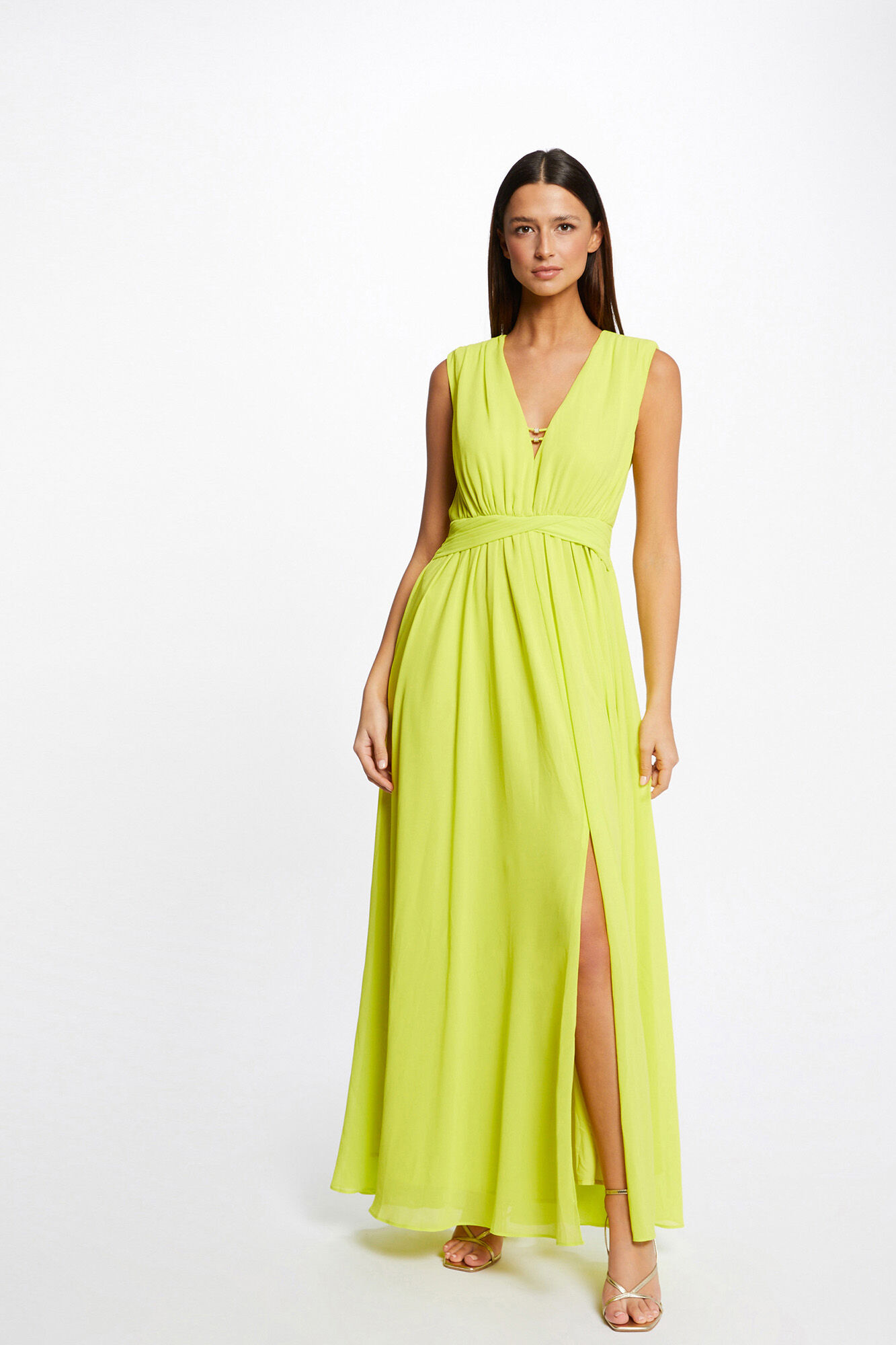 Vestido longo com boca de sino e abertura - Amarelo