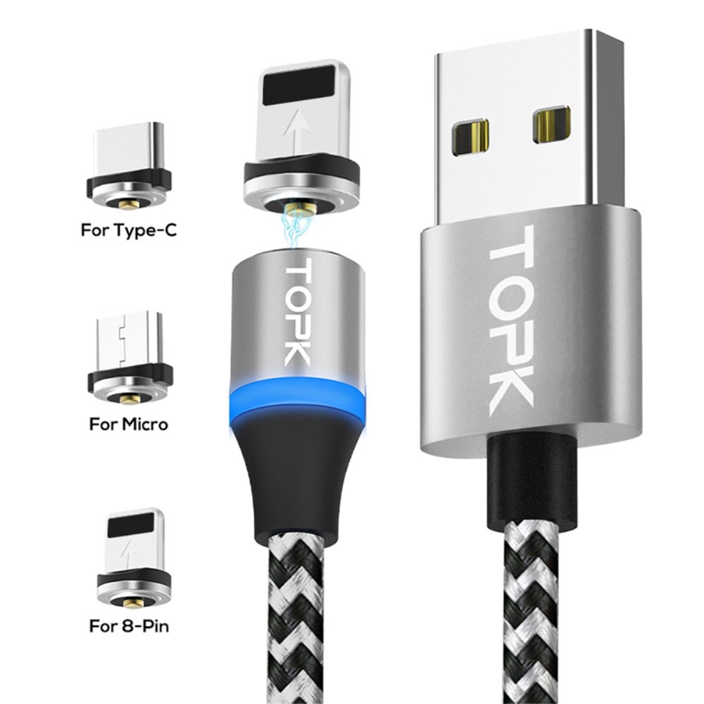 (1m) 3in1 Magnetisches Dual Color USB Ladekabel Nylon Geflecht - Apple Lightning / Micro USB / USB C - Grau / Schwarz