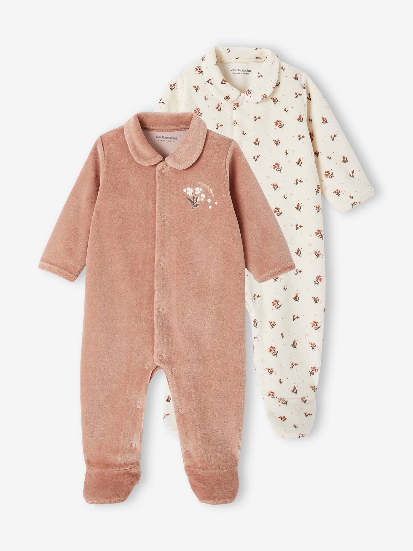 Conjunto de 2 macacões de veludo para bebês recém-nascidos, com abertura, na cor azul-acinzentada.