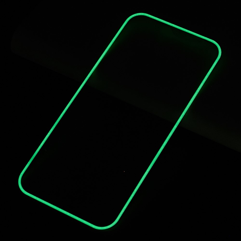 iPhone 15 Full-Screen Vollbild Glas Fluoreszierender Display Schutz mit Leuchtendem Alu Rahmen - Grün / Transparent