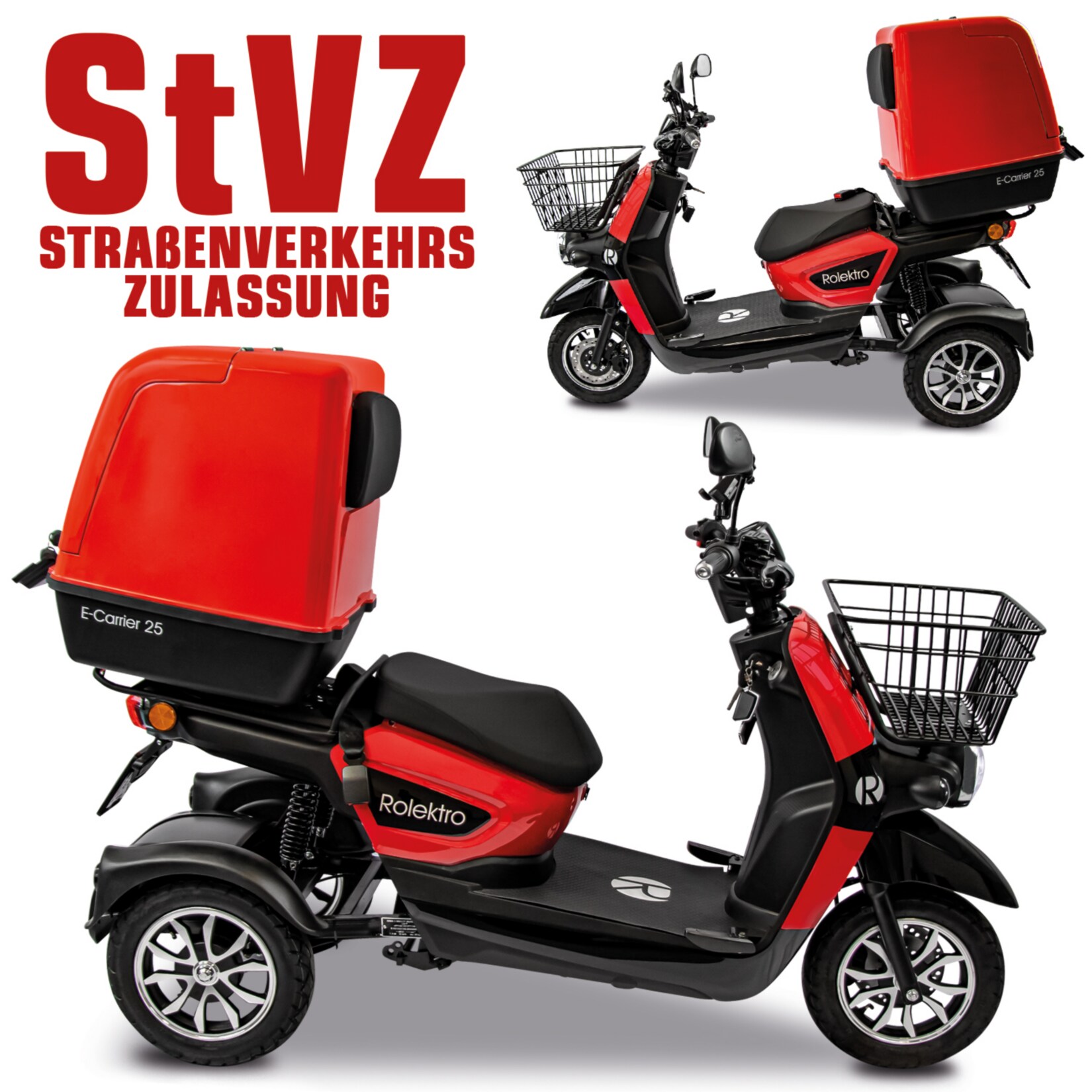 Rolektro, E-Carrier 25 V.3 Lithium, Rot, mit XXL-Koffer, 60V-32,5Ah Akku, 1000 Watt