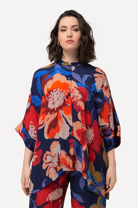 Bluse, Blüten, Oversized, Rundhals, Halbarm