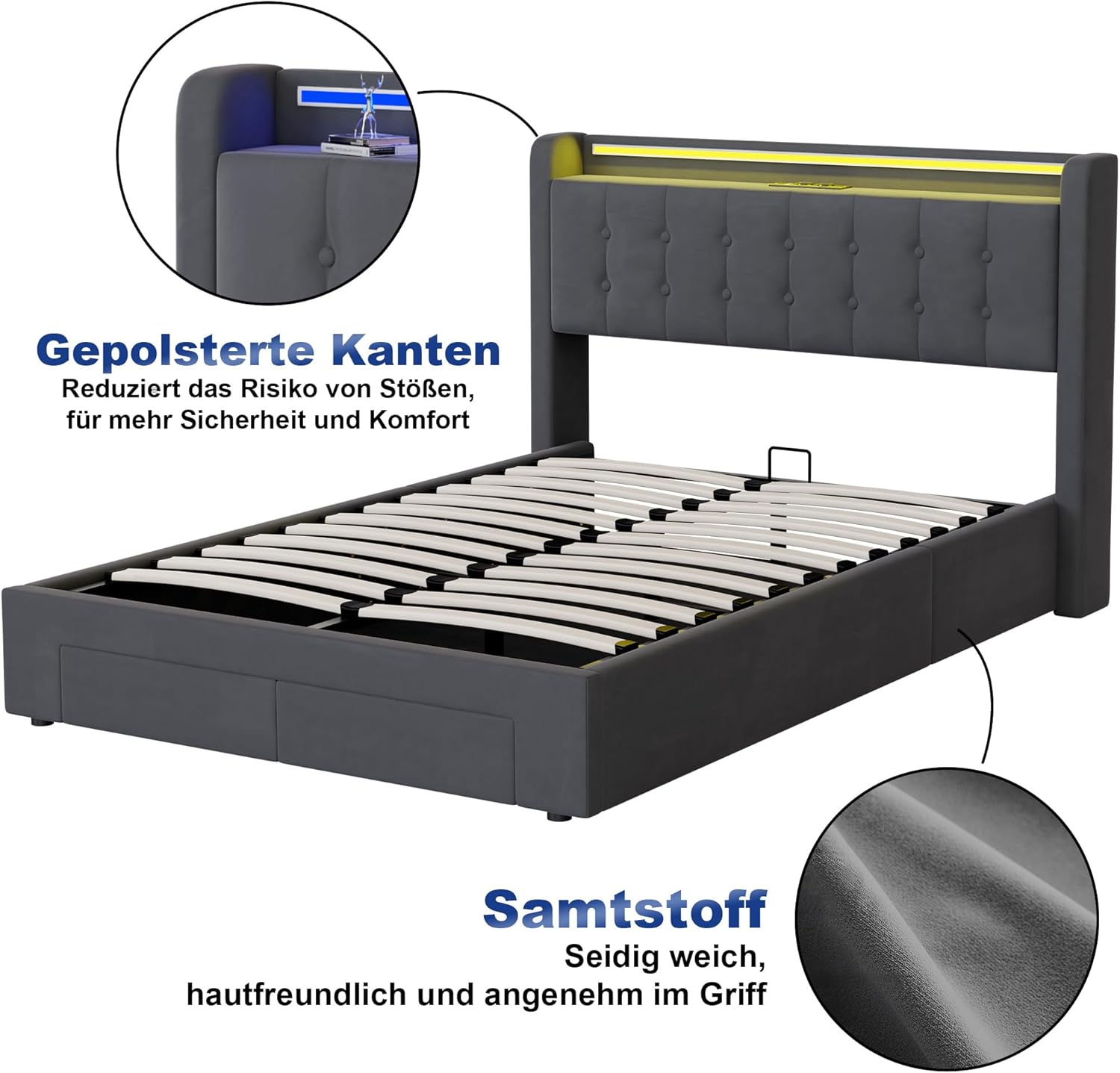 okwish Polsterbett 140x200 cm mit Bettkasten und Schublade, gepolstertes Kopfteil mit LED & USB und Stauraum, Bettgestell mit Lattenrost, Samt Dunkelgrau, als Jugendbett geeignet (ohne Matratze)