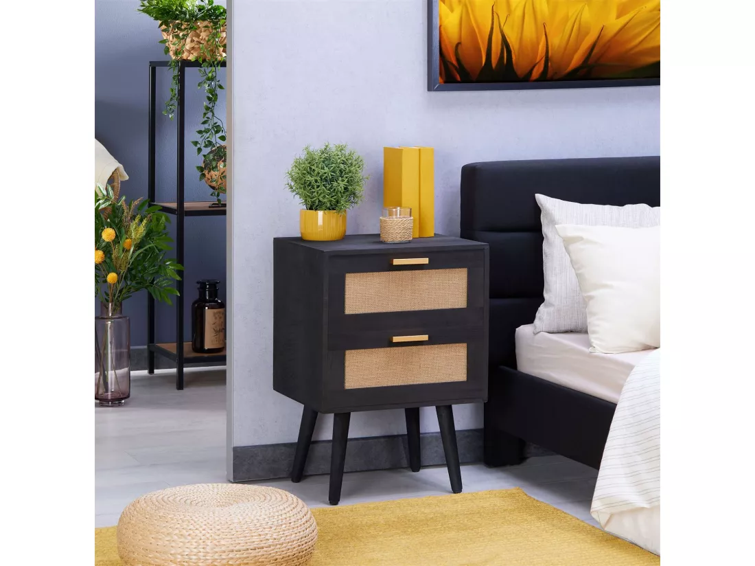 Table de chevet WAMAN petite commode de nuit avec 2 tiroirs, en bois de paulownia lasuré noir et lin naturel, style vintage
