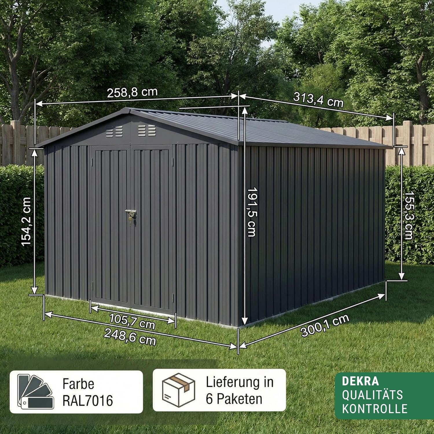 Albatros Gerätehaus 2XL | Anthrazit RAL 7016 | 259x313x192cm (15,5 m³) | abschließbar inkl. Schloss & Werkzeughaken | Gartenhaus aus verzinktem wetterfestem Metall | Geräteschuppen Gartenschrank