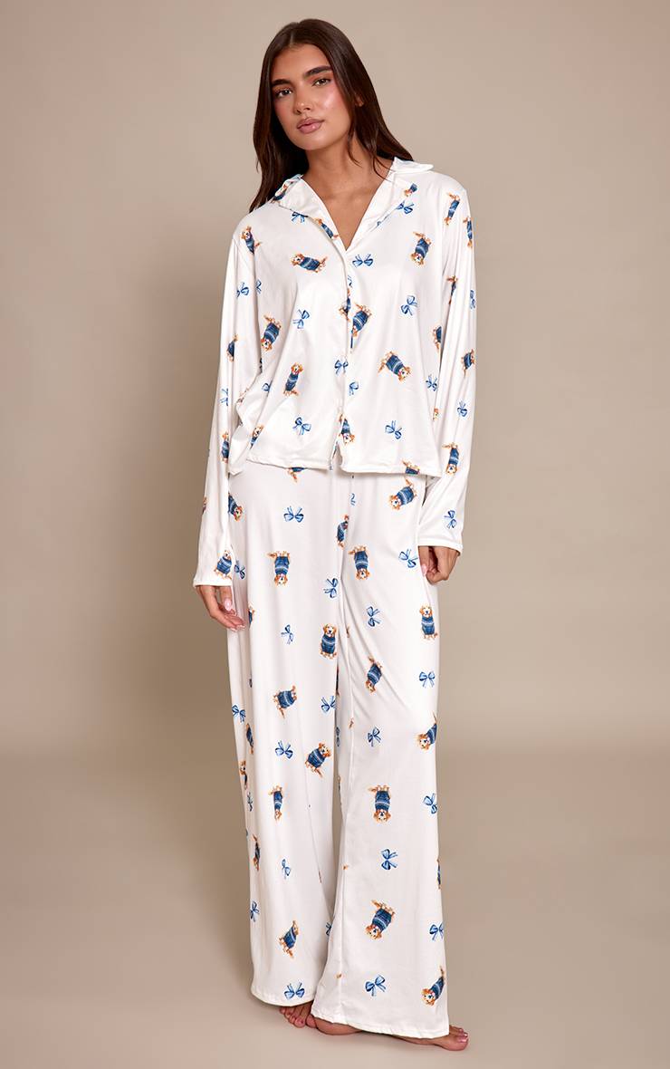 Bleu Clair Ensemble De Pyjama Imprimé À Manches Longues Avec Boutonnage
