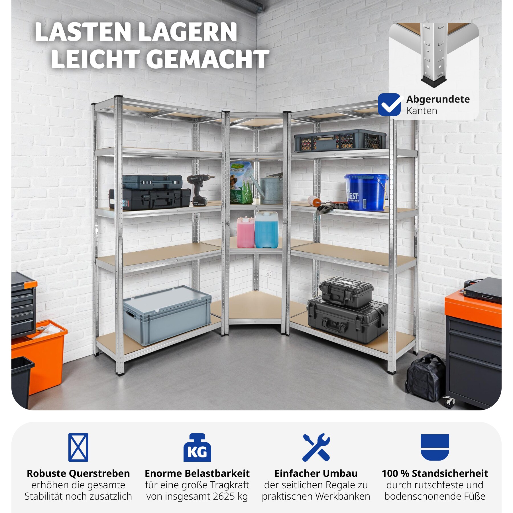tectake® Schwerlastregalsystem, 3-teilig, 2 in 1 Verwendung als Werkbänke, 15 belastbare, höhenverstellbare MDF-Böden, Gesamtbelastbarkeit 2625 kg, variable Montage im Stecksystem