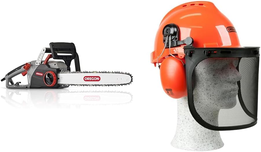 Oregon CS1500 45 cm (18 Zoll) 2400 W 230 V Selbstschärfende Elektrokettensäge & Yukon Kettensägen-Sicherheitshelm mit Gehörschutz und Netzvisier (562412), Orange, Einheitsgröße