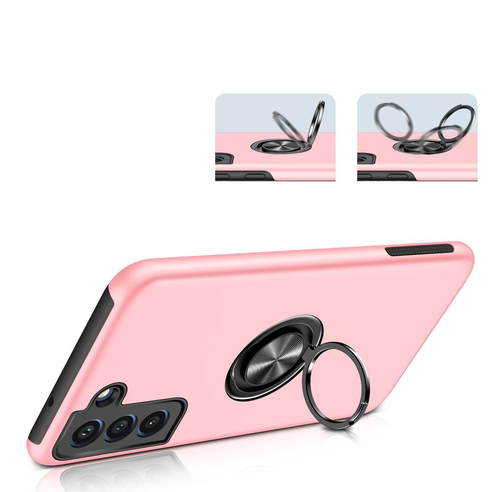 Samsung Galaxy S21 FE 5G Hybrid Hardcase Hülle   Magnetischer Kickstand Haltering - Rosa (Matt)