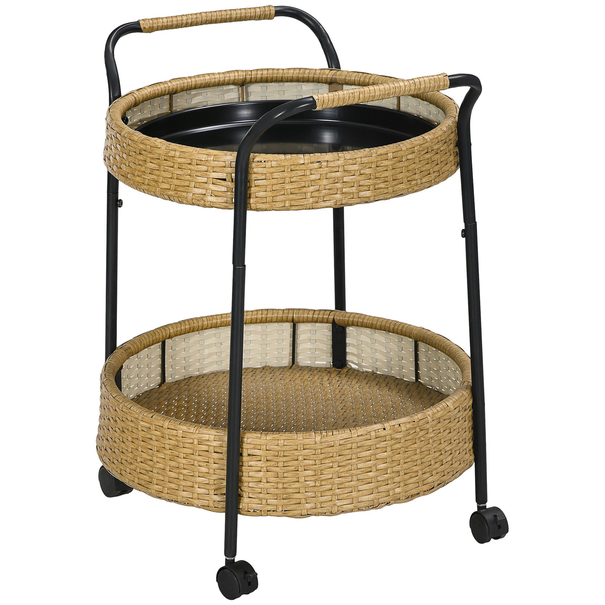 Outsunny Servierwagen mit 2 Flechtkorbebenen gelb Ø50 x 66Hcm
