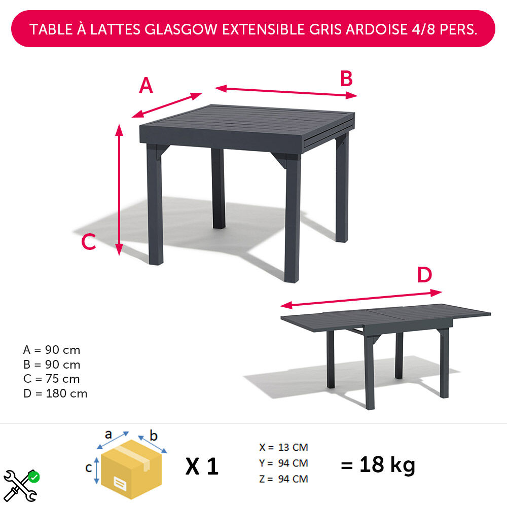 Table à lattes Glasgow extensible gris ardoise 4/8 personnes