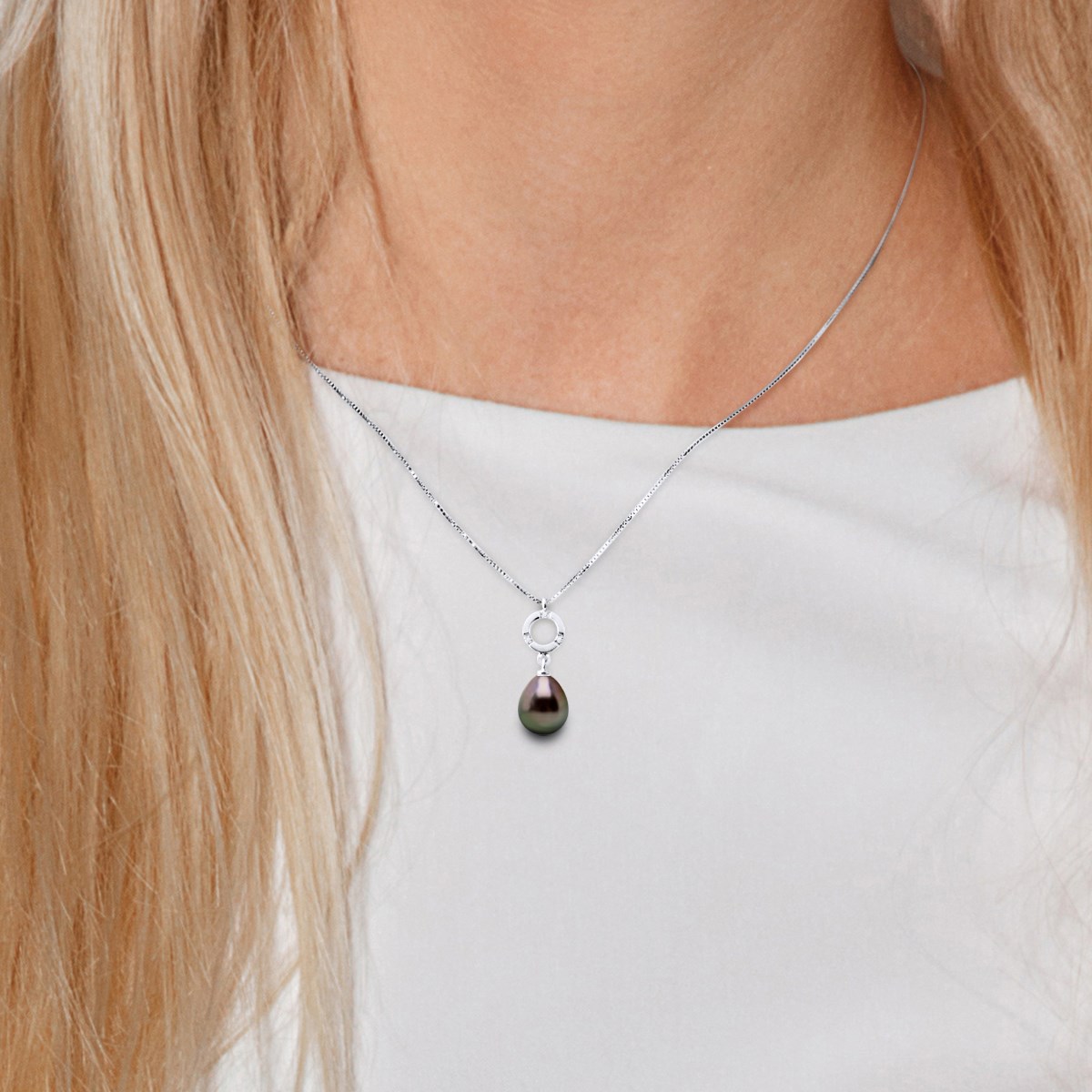 Pendentif Joaillerie - Diamant 0,01 Cts - Véritable Perle de Culture de Tahiti Poire 9-10 mm - Or Blanc