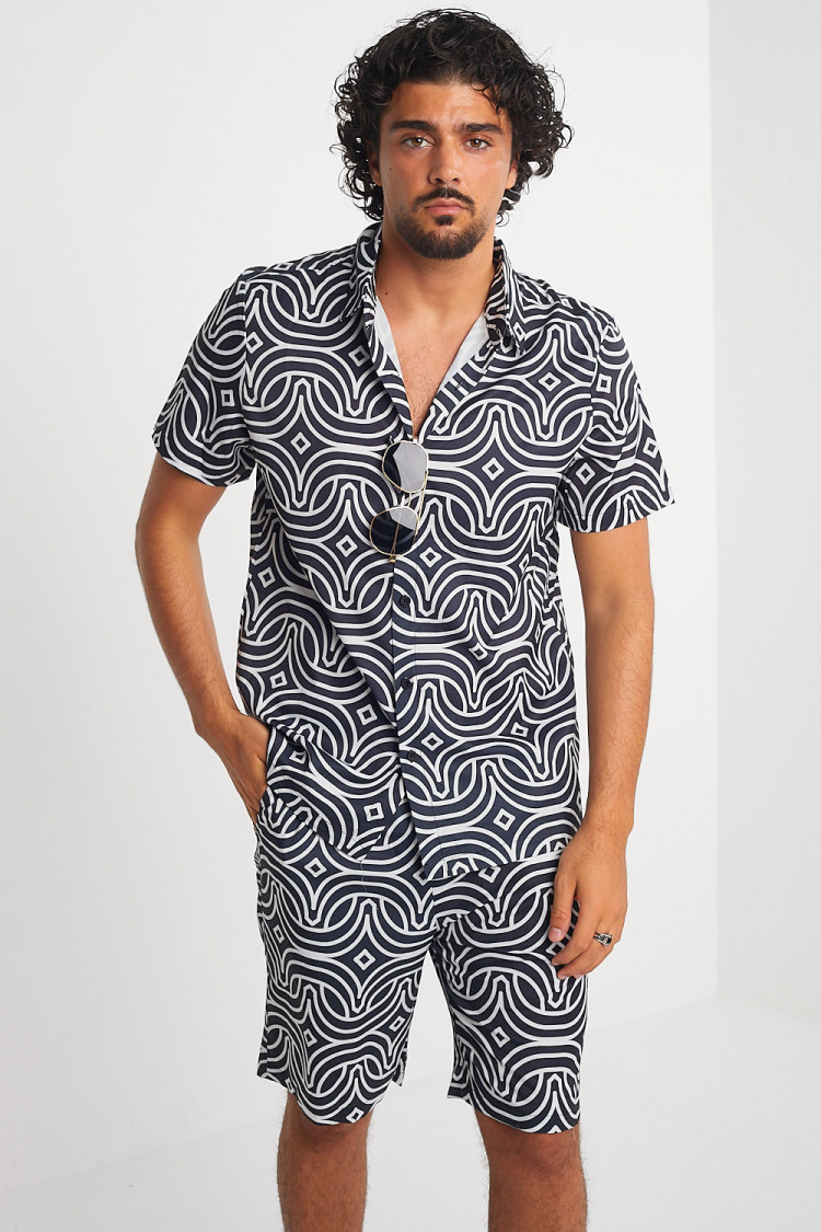 Ensemble 2 pièces chemise + short noir à motif géométrique