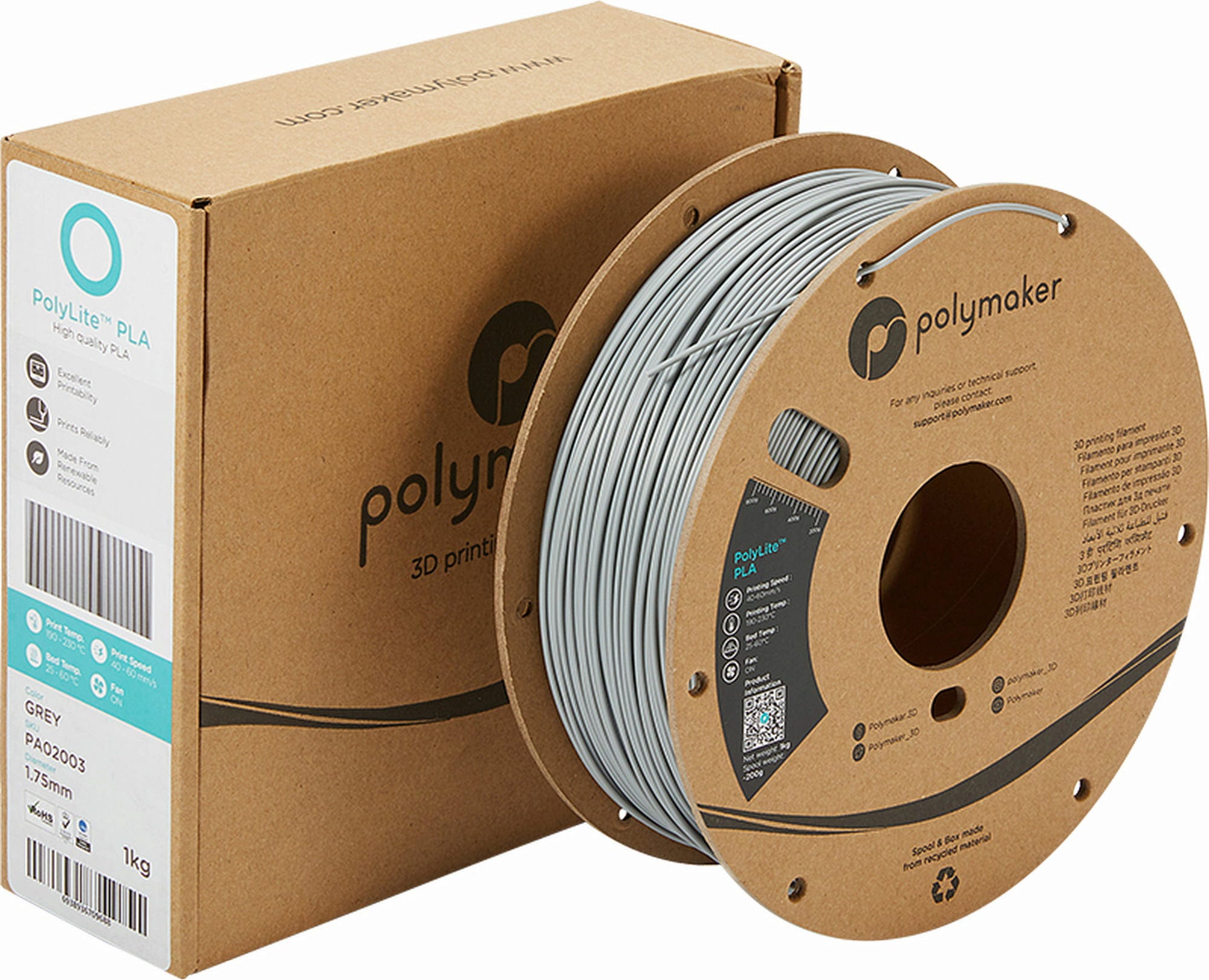 Polymaker  PolyLite PLA Grau, 1,75 mm / 1000 g    Hochwertiges günstiges PLA von Polymaker in Grau