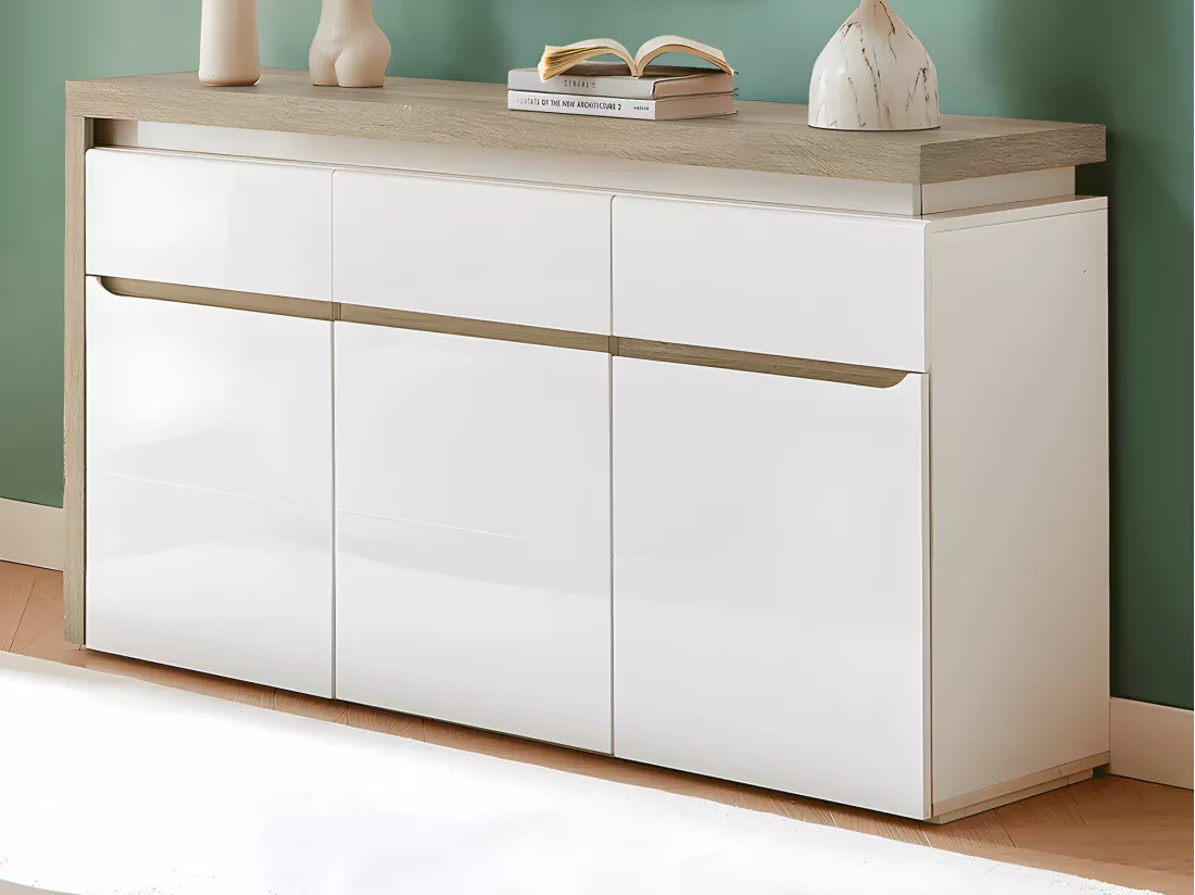 Buffet 3 portes et 3 tiroirs avec LEDs en MDF - Blanc laqué et Naturel - VADEMOSA