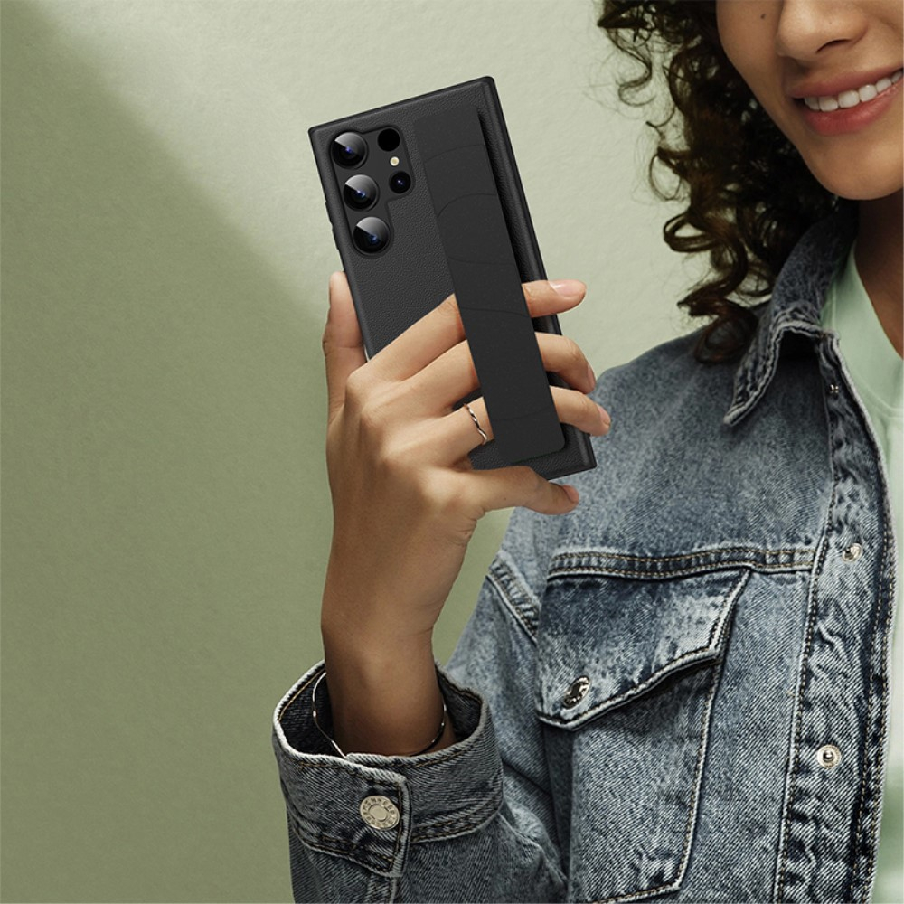 Samsung Galaxy S23 Ultra 5G Gummi Case Hülle Litchi Look mit Handschlaufe - Schwarz