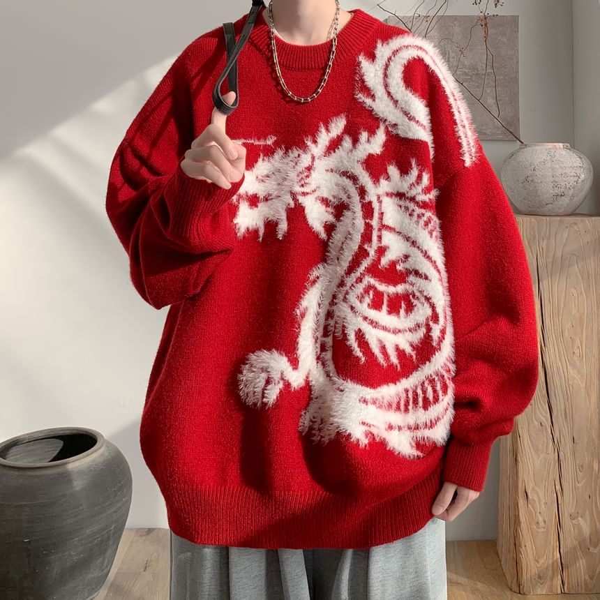 Breeson - Oversized trui met ronde hals en drakenprint
