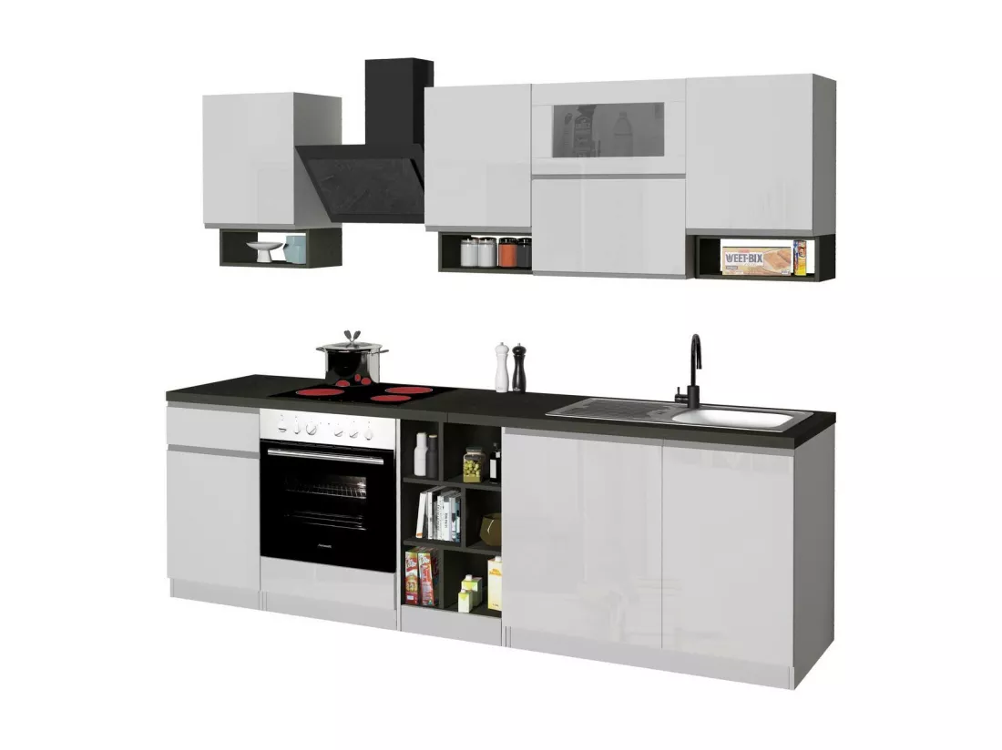 Cuisine complète Dceccaron, Ensemble avec garde-manger, Meuble de kitchenette, Kit bloc linéaire, 100% Made in Italy, 255x60h85 cm, Blanc brillant et ardoise