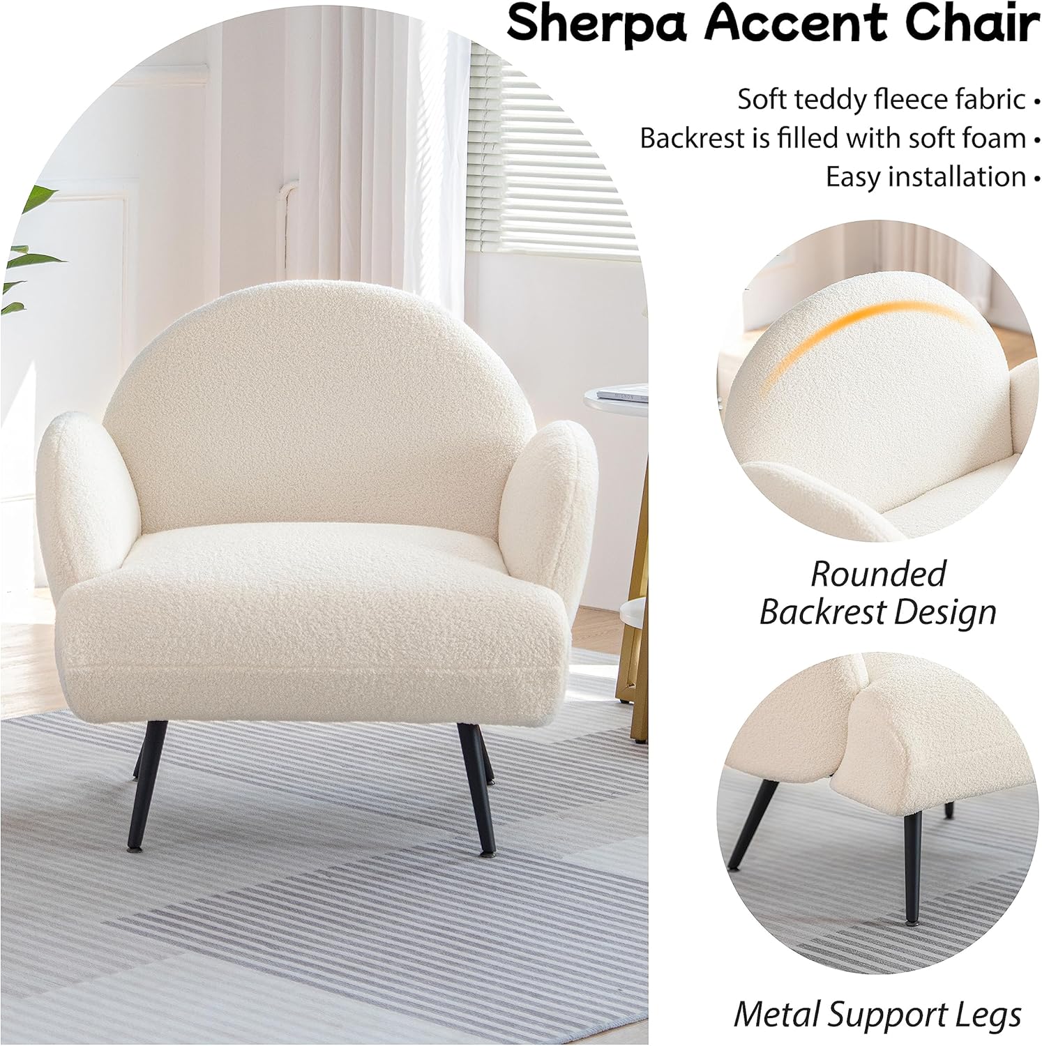 Sessel Moderner Loungesessel Einzel Loungesofa Lounge Sofa Gemütlicher Teddystoff Schwarze Metallbeine Geeignet für Wohnzimmer Schlafzimmer, Weiß