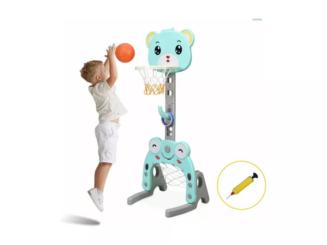 Support de Basket Multifonctionnel pour Enfant avec Panier de Basket-Ball Réglable, But de Football et Anneau à Lance, Basket-Ball et Football Inclus, Hauteur Ajustable Entre 133cm et 158cm