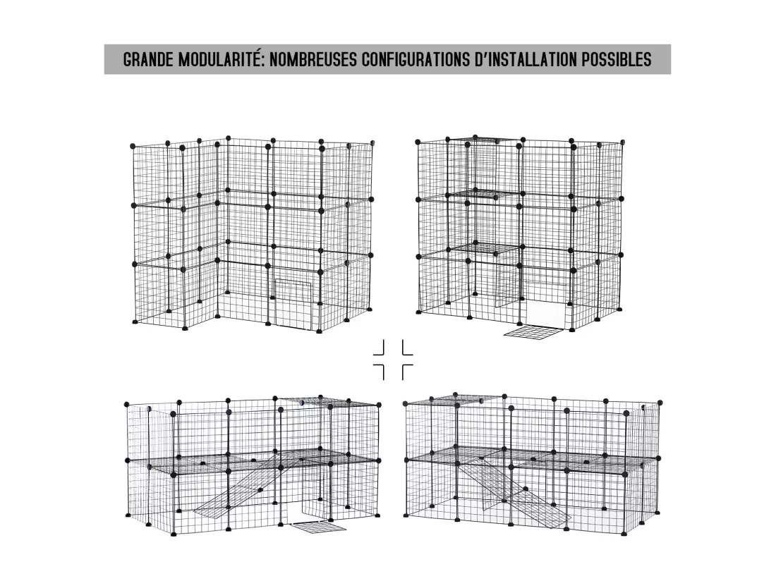 Cage parc enclos pour animaux domestiques L 146 x l 73 x H 73 cm modulable 2 niveaux 36 panneaux bords arrondis fil métallique noir