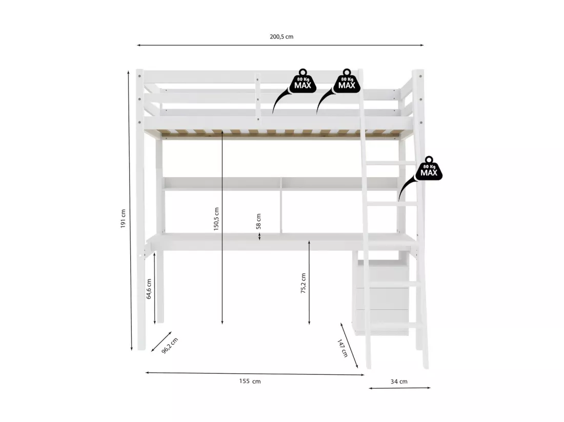 Lit mezzanine STUDIO 90x190 + 1 sommier + caisson 3 tiroirs + bureau + étagère / Blanc