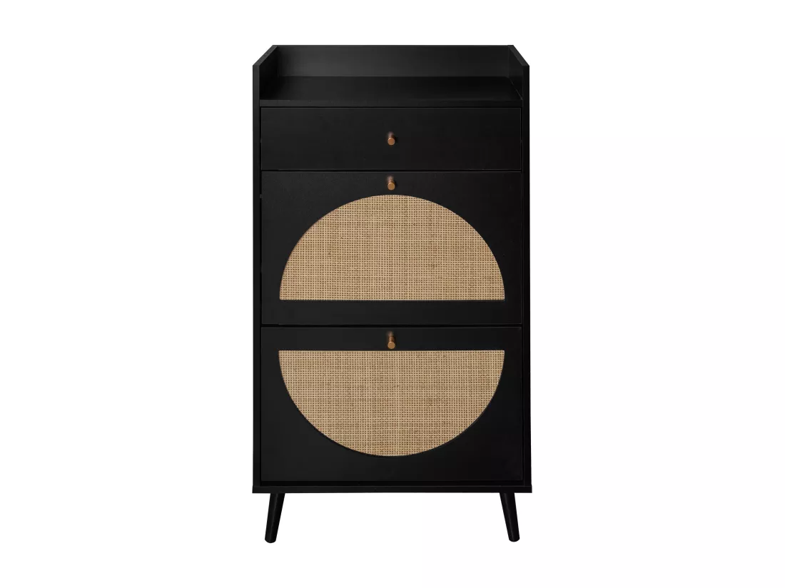 Meuble à Chaussures avec 2 Portes et 1 Tiroir, Rattan Noir, Portes Demi-Circulaires Interchangeables, Double Étagère, 60 cm, Sans Dos