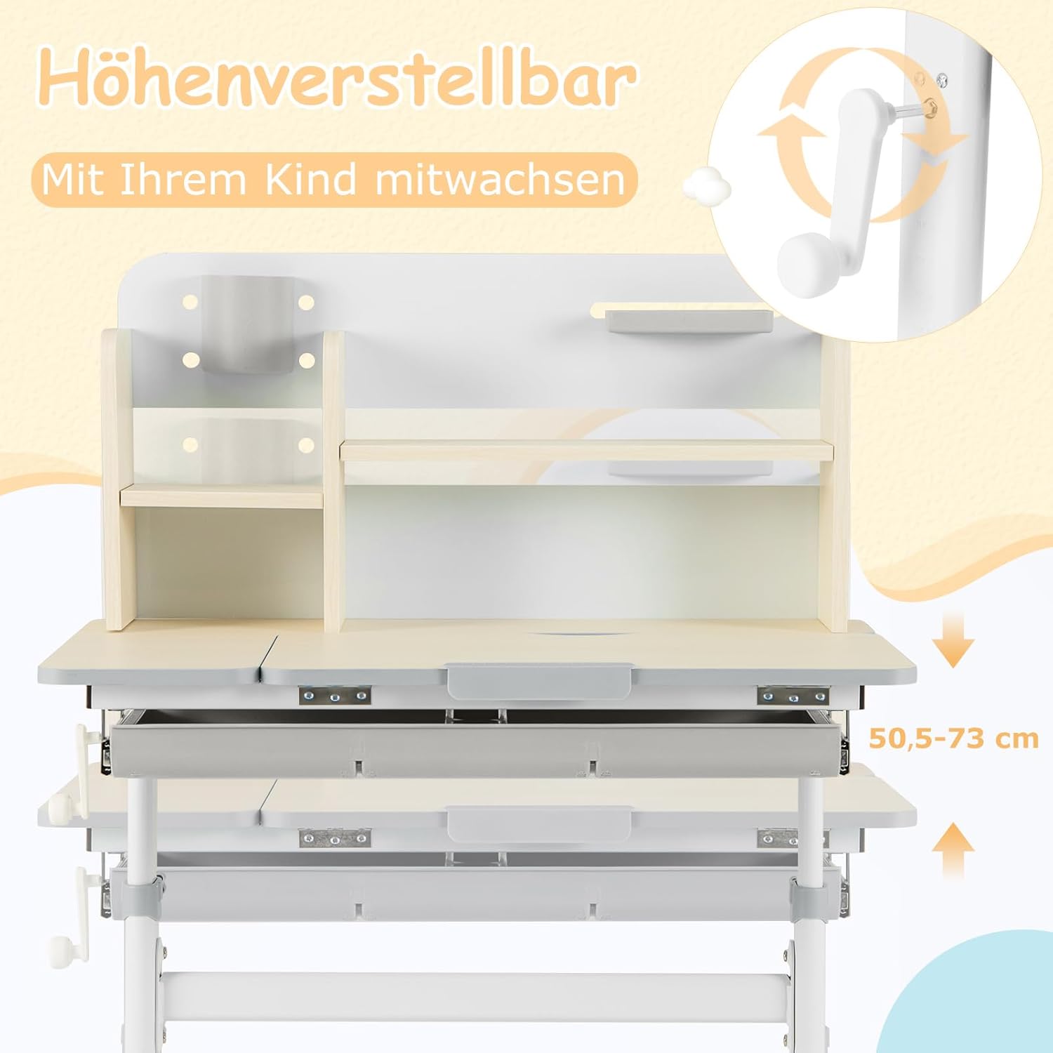 COSTWAY Kinderschreibtisch höhenverstellbar, Schreibtisch Kinder mit neigbarer Tischplatte, Regalen & Schublade, Jugendschreibtisch Schülerschreibtisch für 3-12 Jahre Kinder (Grau)