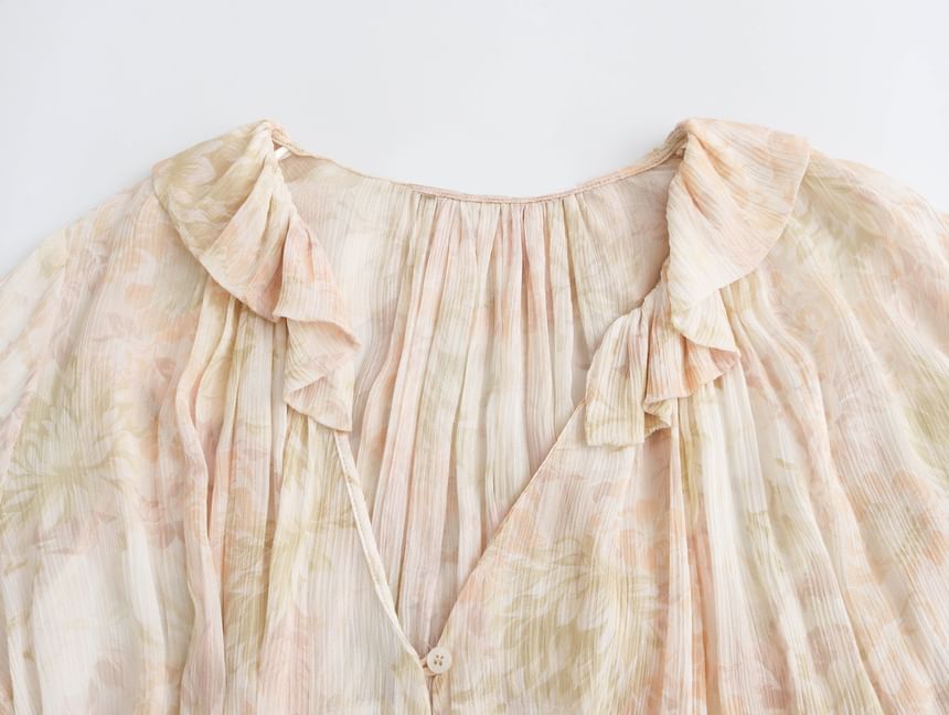 Cumulys - Blouse met lange mouwen, V-hals en bloemenprint en ruches