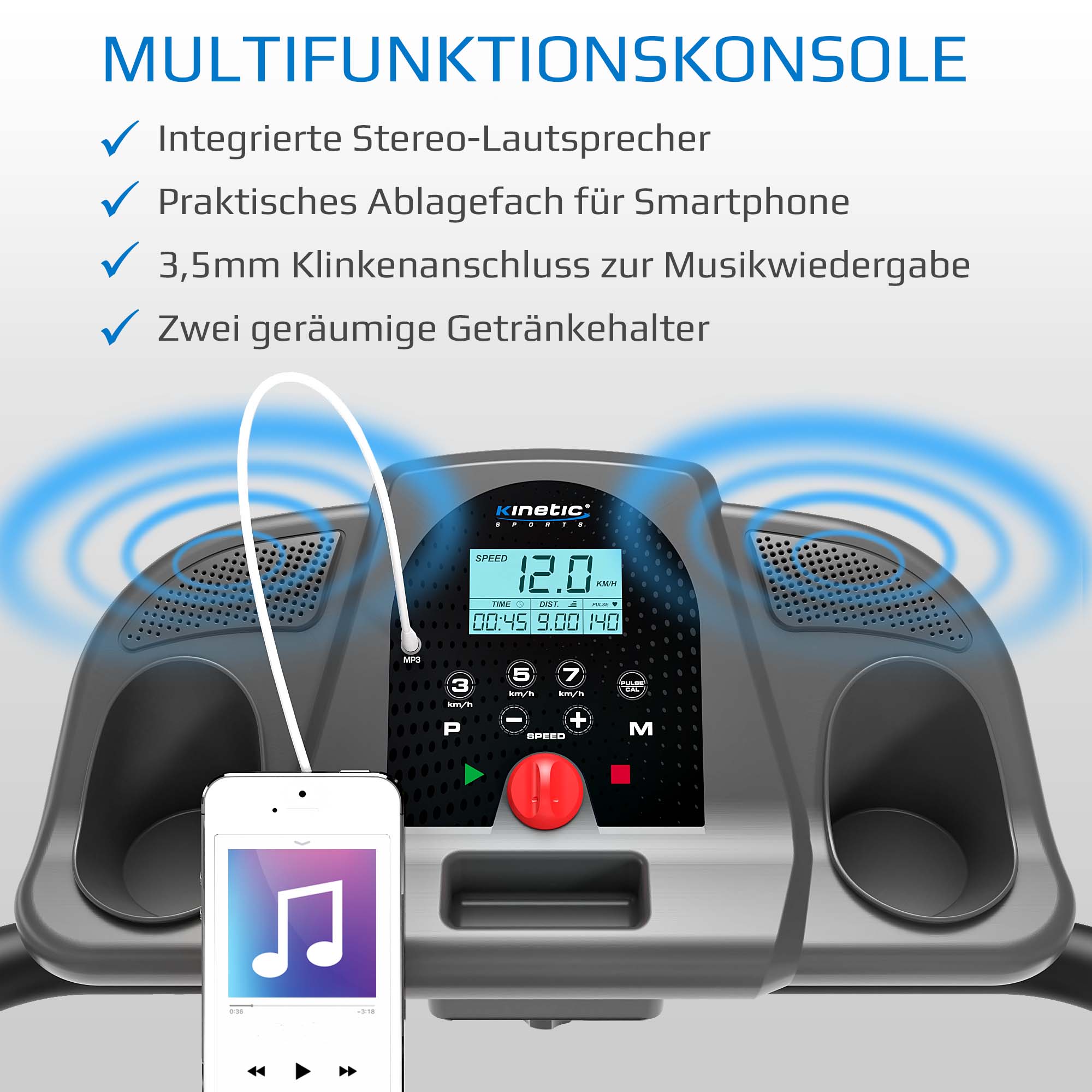 KINETIC SPORTS Pro Laufband klappbar KST3000 mit großer Lauffläche - 1100W Motor, 12 Programme, Steigung für Geh- und Lauftraining, integrierte Lautsprecher, bis 12 km/h