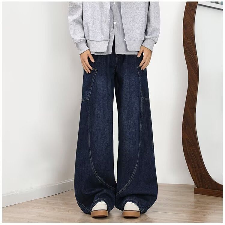 Urtishia - Mid Rise Lettering Geborduurde Gewassen Wijde Cargo Jeans