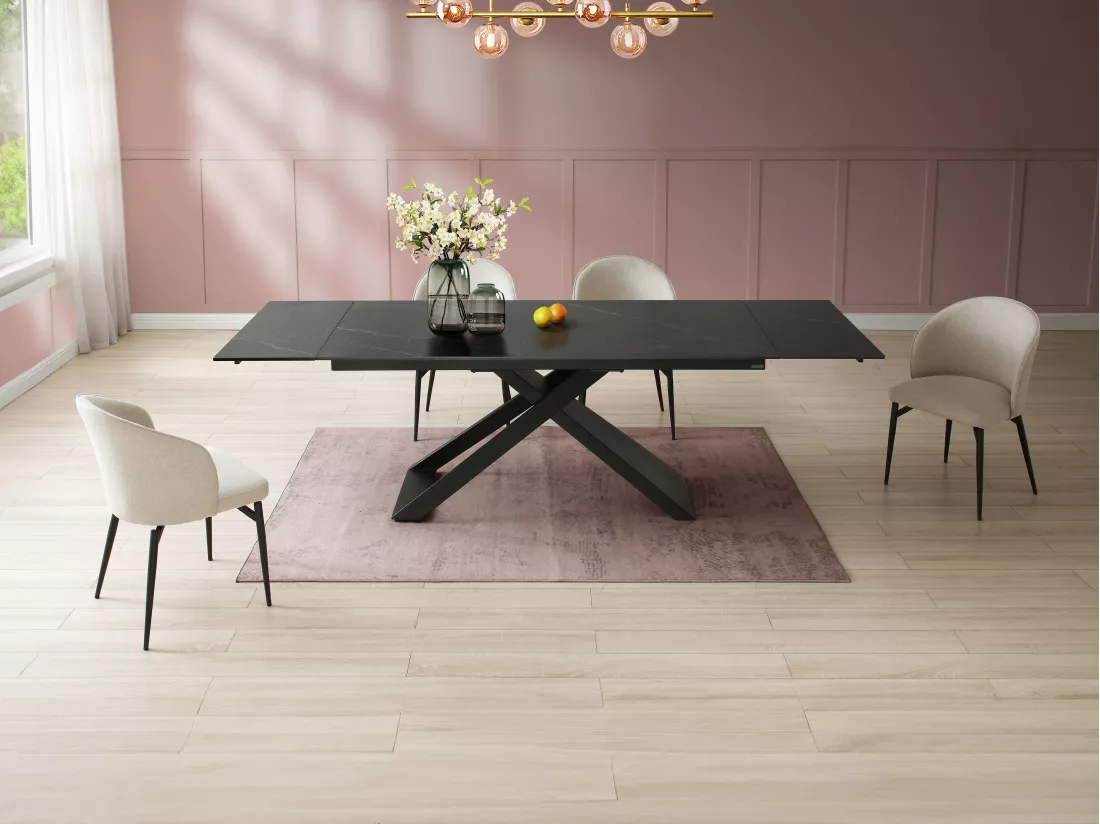Table à manger extensible 6 à 10 personnes en céramique, verre trempé et métal - Effet marbre noir - XERENA de Maison Céphy