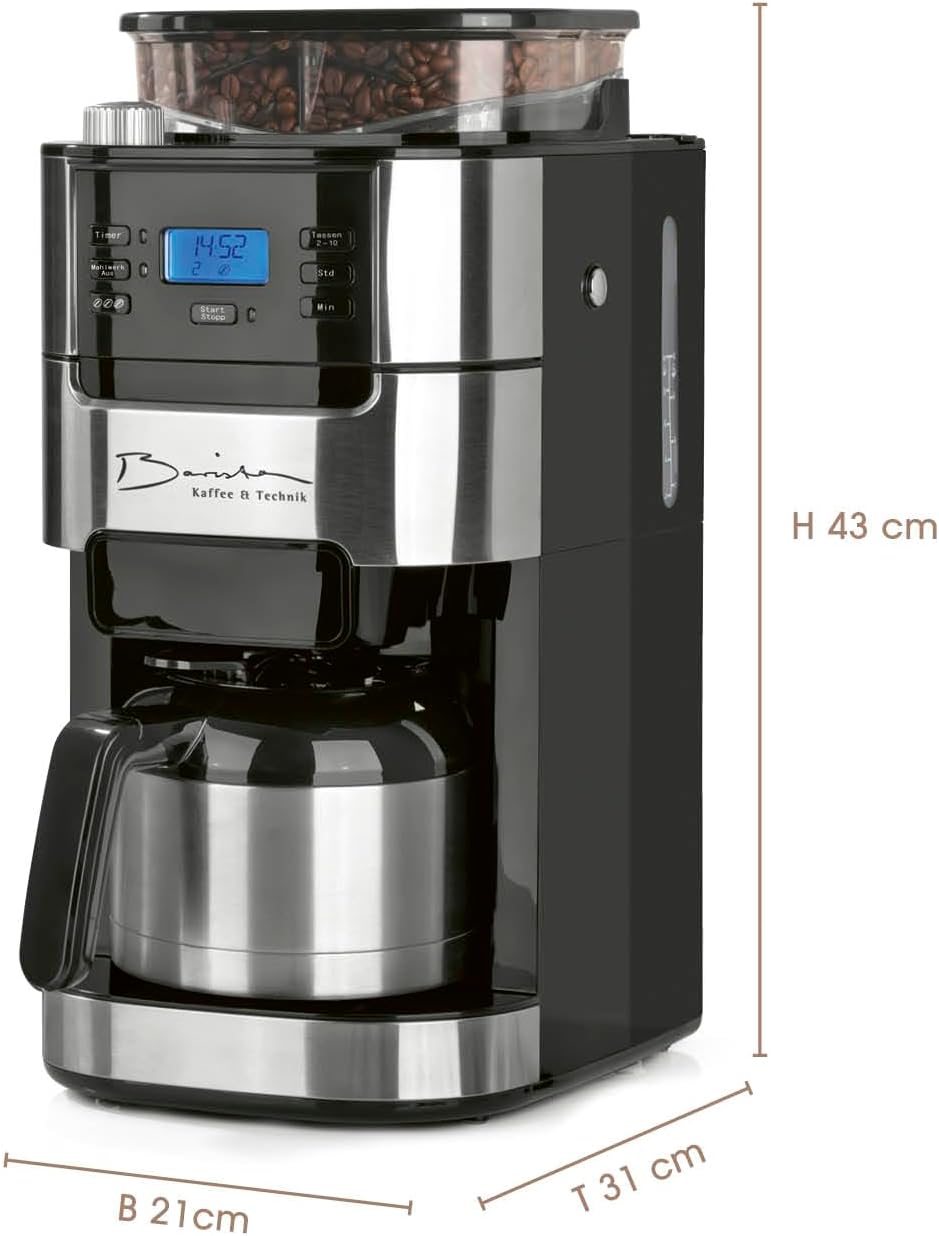 Barista Filterkaffeemaschine mit verstellbarem Mahlwerk & Thermokanne | Warmhaltefunktion, 24h Timer & Permanentfilter | Für 10 Tassen Kaffee | Kaffeemaschine für Bohnen & Pulver [Edelstahl]