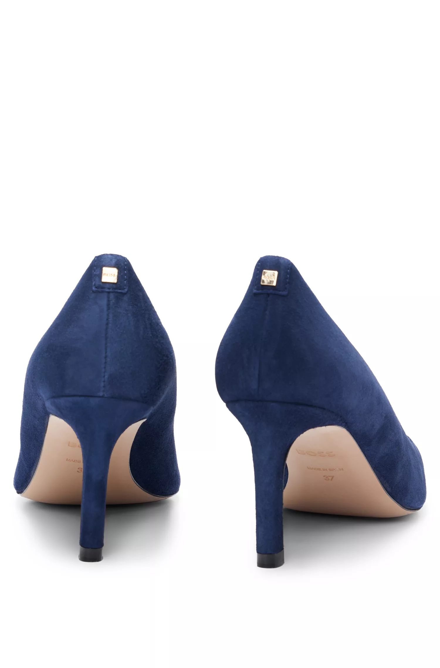 Sapatos de salto alto BOSS em camurça preta, bico fino e salto de 7 cm.