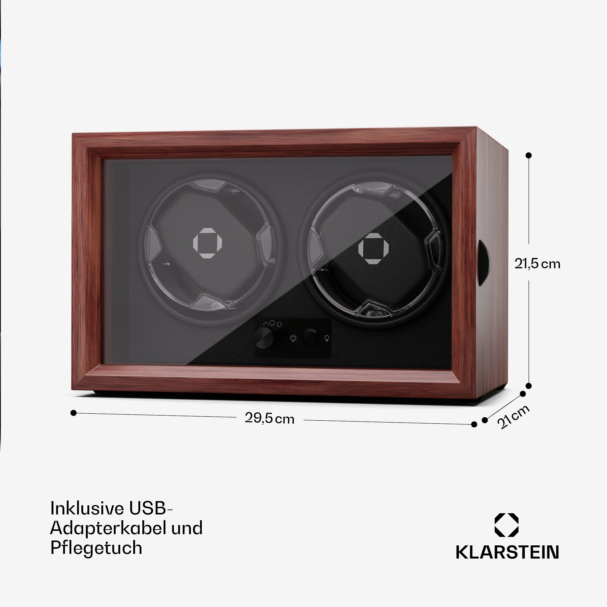 Brienz 2 Uhrenbeweger, 2 Uhren, 4 Modi, Holz-Optik, blaue Innenbeleuchtung Walnuss